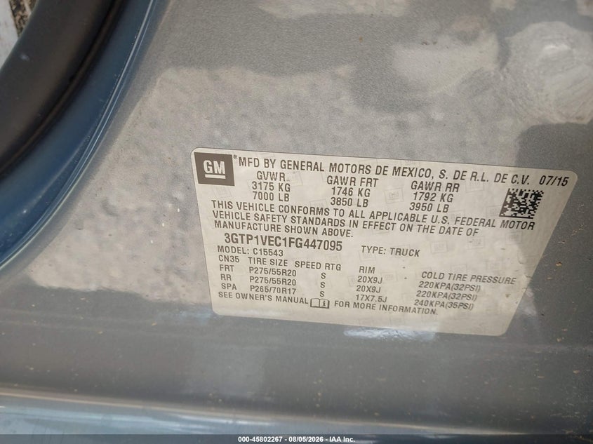 2015 Gmc SIERRA VIN 3GTP1VEC1FG447095 IAAI salvage auction — ROLLOVER, Salvage Title, sold $2,250 on 2026-09-27 (photo 9)