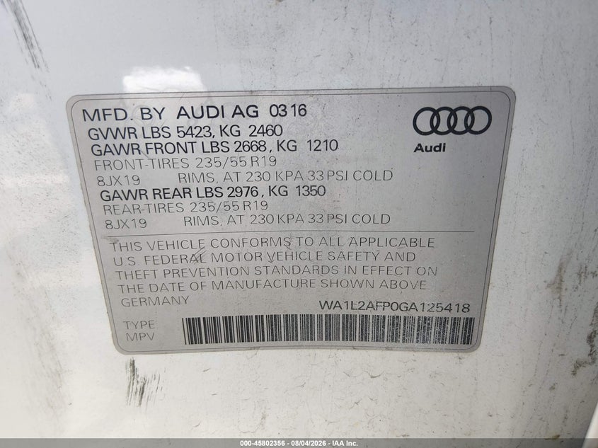 2016 Audi Q5 VIN WA1L2AFP0GA125418 IAAI salvage auction — FRONT END, Salvage (Illinois), sold $1,650 on 2026-09-03 (photo 9)