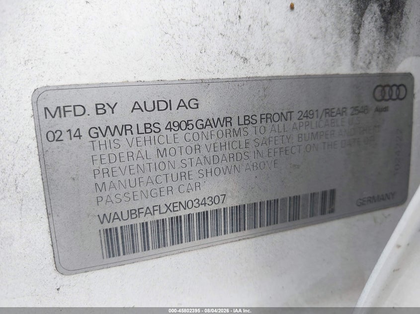 2014 Audi A4 VIN WAUBFAFLXEN034307 IAAI salvage auction — NORMAL WEAR, Clear - Dealer Only (California), sold $925 on 2026-08-15 (photo 9)
