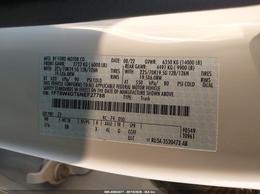 2022 Ford VIN 1FT8W4DT6NEF27788 IAAI salvage auction — FRONT END, Salvage Title, sold $29,050 on 2026-09-15 (photo 8)