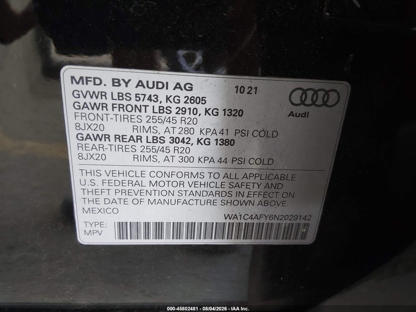 2022 Audi Sq5 VIN WA1C4AFY6N2029142 IAAI salvage auction — FRONT END, Salvage Title, sold $10,100 on 2026-08-16 (photo 9)