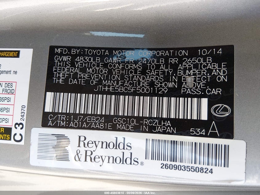 2015 Lexus Rc VIN JTHHE5BC5F5001129 IAAI salvage auction — FRONT END, Salvage (California), sold $7,500 on 2026-08-20 (photo 9)