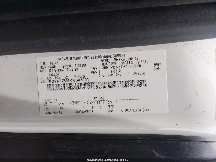 2019 Ford Transit-250 VIN 1FDYR5ZM5KKB87802 IAAI salvage auction — REAR END, Clear (Louisiana), sold $11,550 on 2026-08-25 (photo 9)