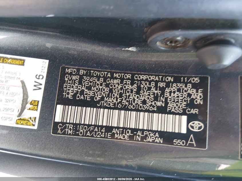 2006 Scion Tc VIN JTKDE167760103964 IAAI salvage auction — NORMAL WEAR, Original (Texas), sold $225 on 2026-08-24 (photo 9)
