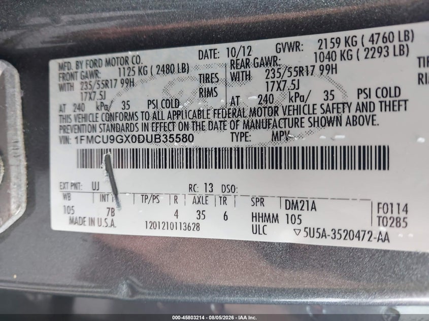 2013 Ford Escape VIN 1FMCU9GX0DUB35580 IAAI salvage auction — SIDE, Clear (New Jersey), sold $525 on 2026-09-06 (photo 9)