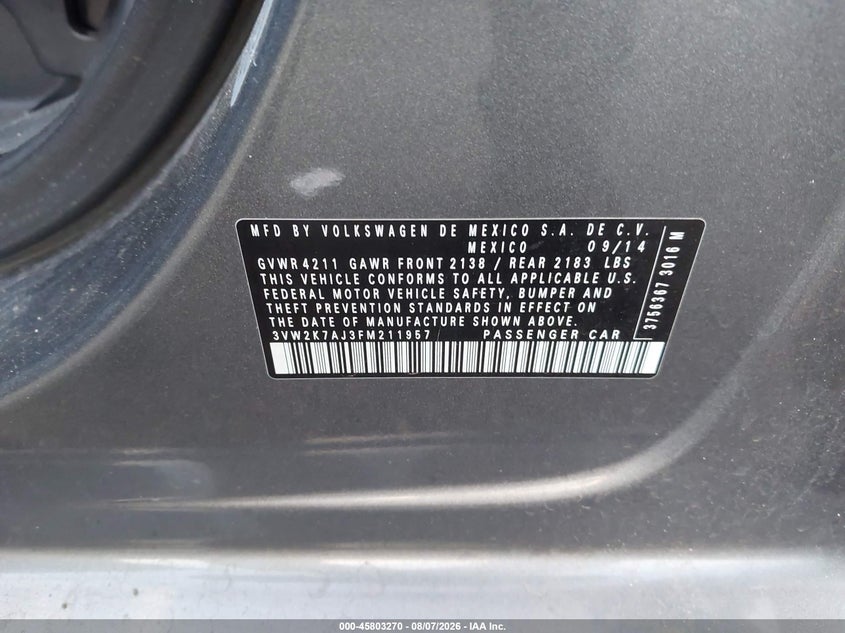 2015 Volkswagen Jetta VIN 3VW2K7AJ3FM211957 IAAI salvage auction — REAR END, Salvage Title, sold $1,400 on 2026-08-14 (photo 9)