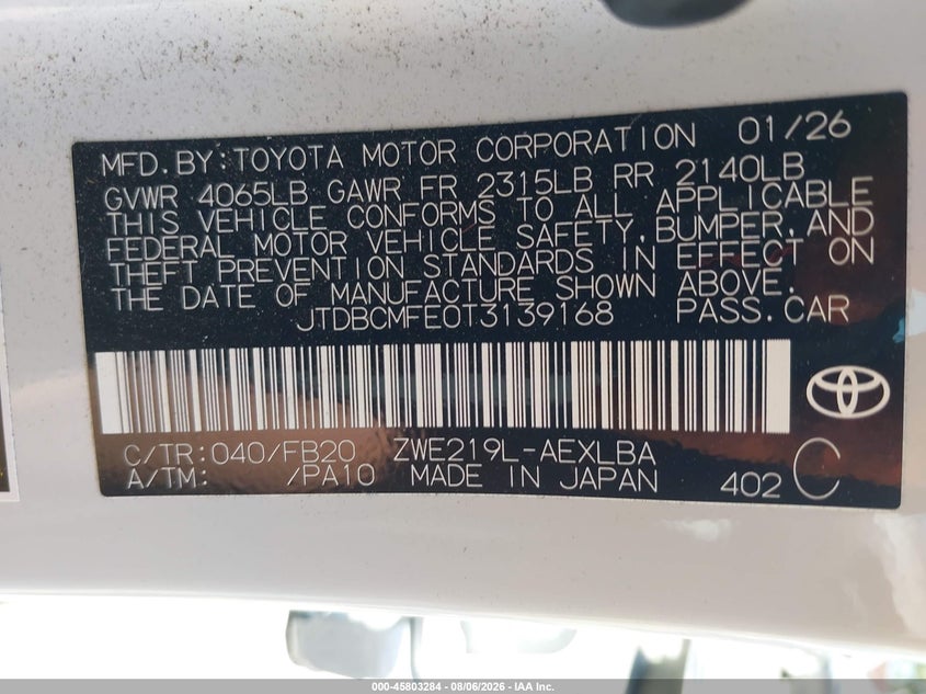 2026 Toyota Corolla VIN JTDBCMFE0T3139168 IAAI salvage auction — REAR END, Wait Title, sold $11,900 on 2026-08-29 (photo 9)