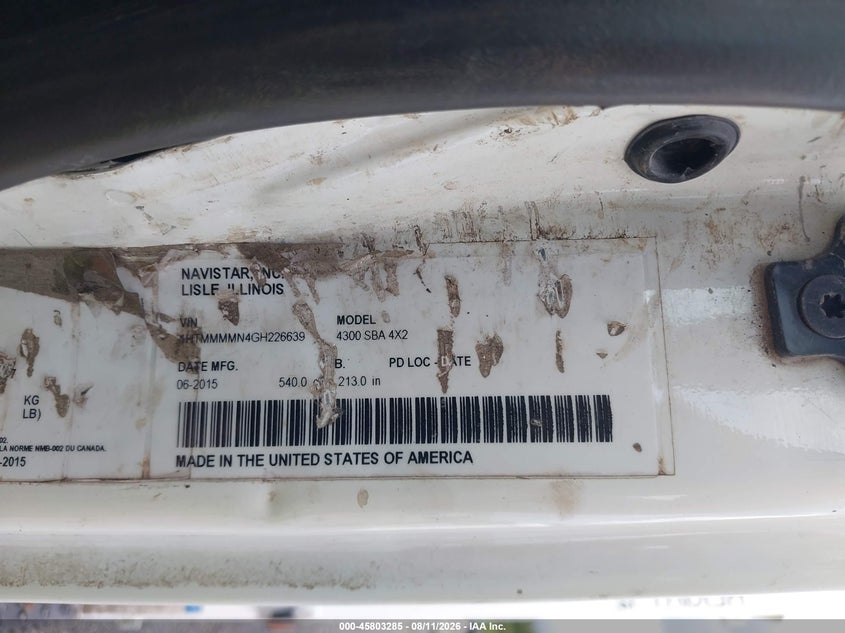 2016 International VIN 1HTMMMMN4GH226639 IAAI salvage auction — REAR END, Salvage Title, sold $4,625 on 2026-09-09 (photo 8)