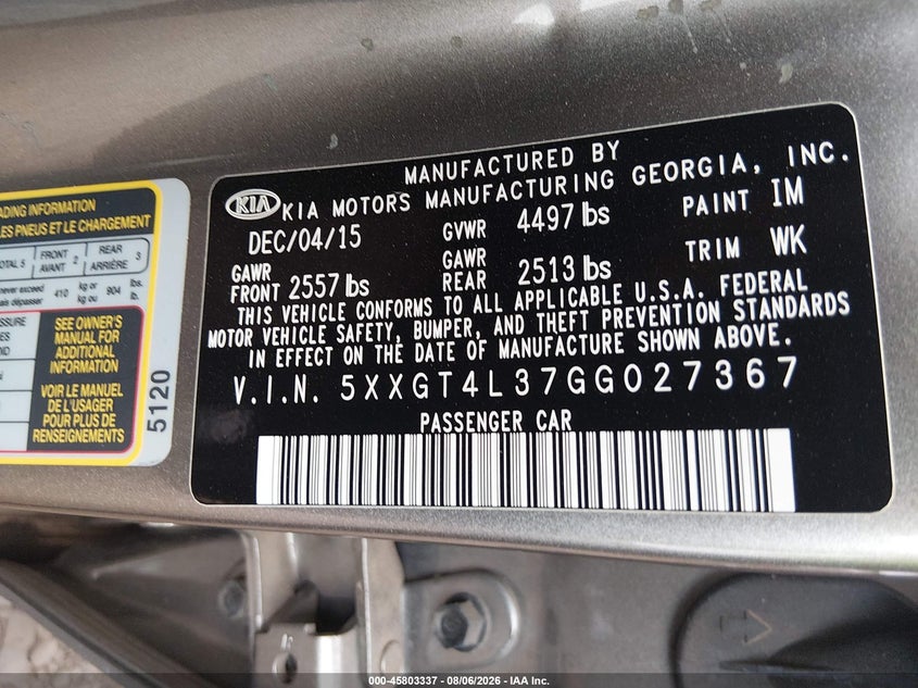 2016 Kia Optima VIN 5XXGT4L37GG027367 IAAI salvage auction — FRONT END, Salvage Title, sold $825 on 2026-09-02 (photo 9)