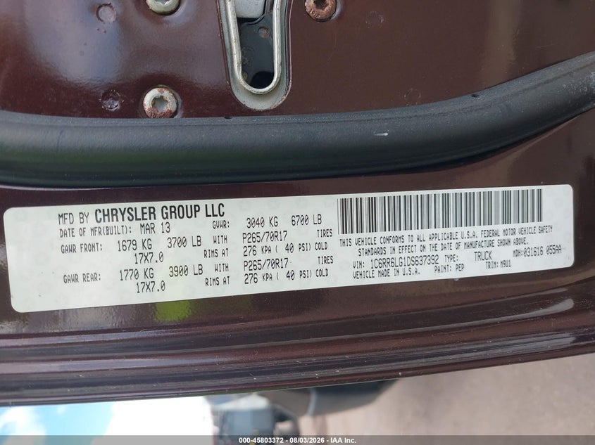 2013 Ram 1500 VIN 1C6RR6LG1DS637392 IAAI salvage auction — NORMAL WEAR, Salvage Title, sold $1,200 on 2026-08-11 (photo 9)