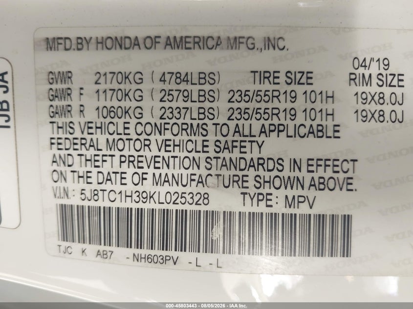 2019 Acura Rdx VIN 5J8TC1H39KL025328 IAAI salvage auction — REAR END, Salvage Title, sold $8,000 on 2026-08-20 (photo 9)