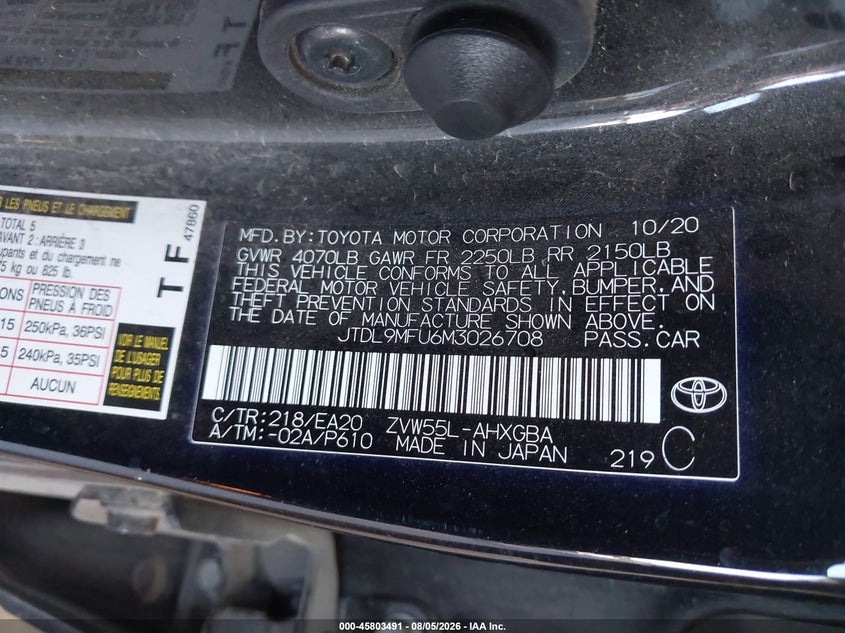 2021 Toyota Prius VIN JTDL9MFU6M3026708 IAAI salvage auction — FRONT END, Salvage Title, sold $7,000 on 2026-08-20 (photo 9)