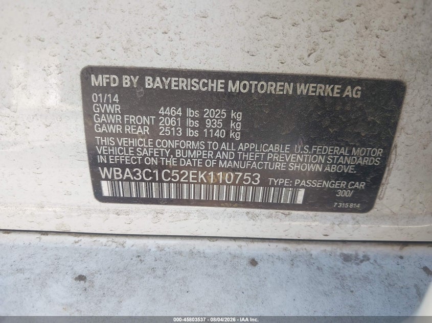 2014 BMW 3er VIN WBA3C1C52EK110753 IAAI salvage auction — NORMAL WEAR, Salvage (California), sold $425 on 2026-08-11 (photo 9)
