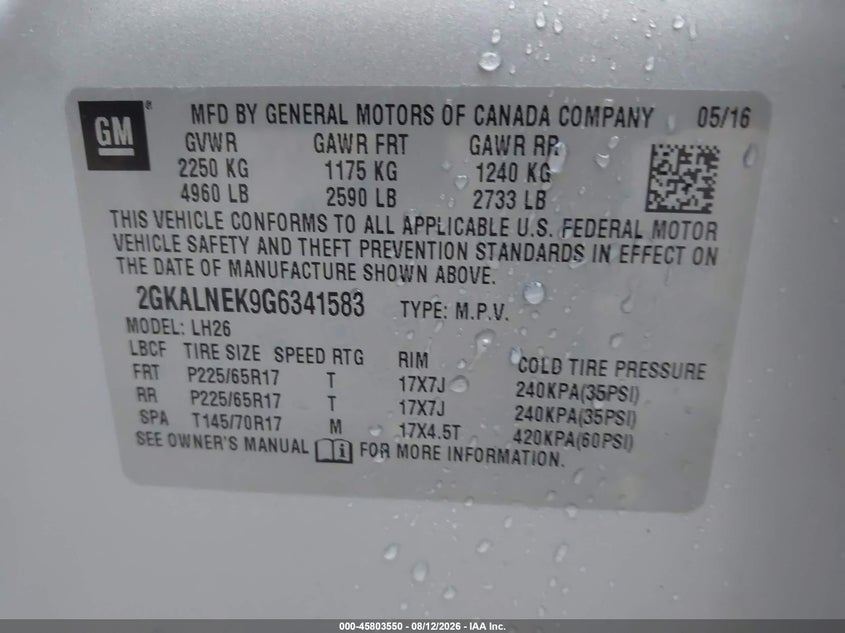 2016 Gmc Terrain VIN 2GKALNEK9G6341583 IAAI salvage auction — SIDE, Salvage Title, sold $3,450 on 2026-08-30 (photo 9)