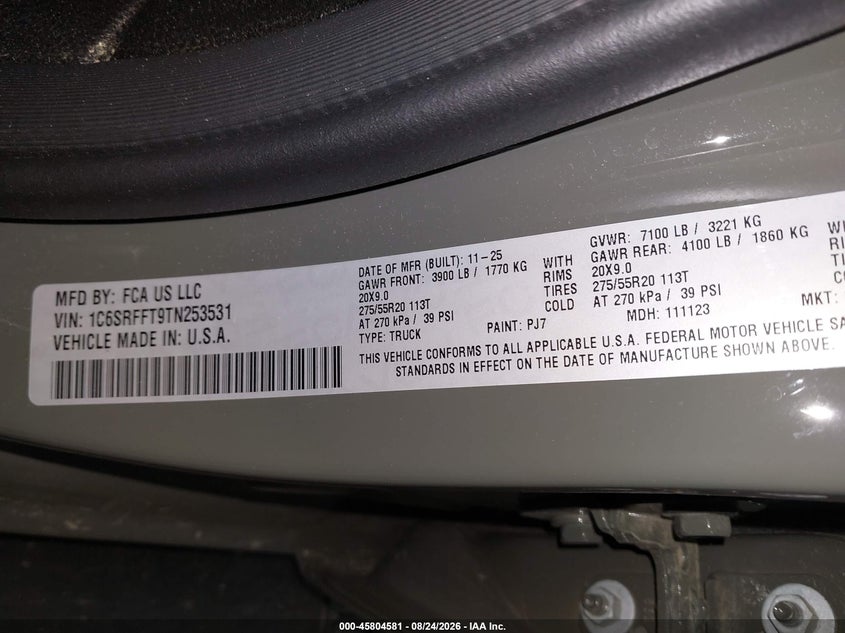 2026 Ram 1500 VIN 1C6SRFFT9TN253531 IAAI salvage auction — HAIL, Salvage Title, sold $31,000 on 2026-09-26 (photo 9)