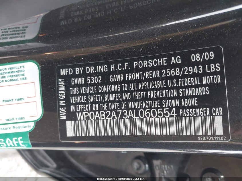 2010 Porsche Panamera VIN WP0AB2A73AL060554 IAAI salvage auction — LEFT FRONT, Rebuildable (Florida), sold $3,550 on 2026-08-22 (photo 9)