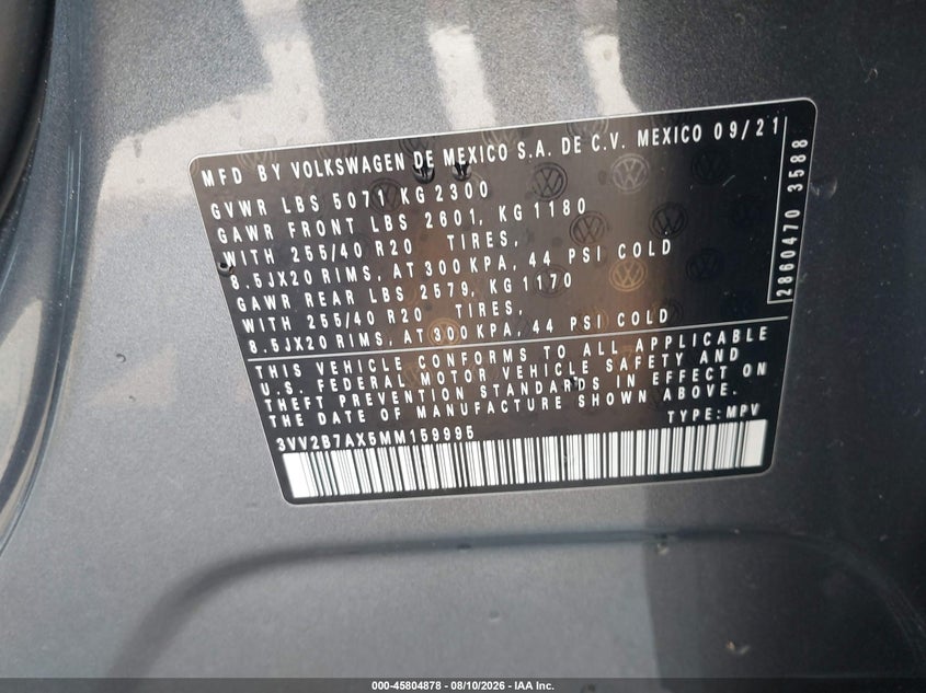 2021 Volkswagen Tiguan VIN 3VV2B7AX5MM159995 IAAI salvage auction — HAIL, Salvage Title, sold $11,550 on 2026-09-01 (photo 9)