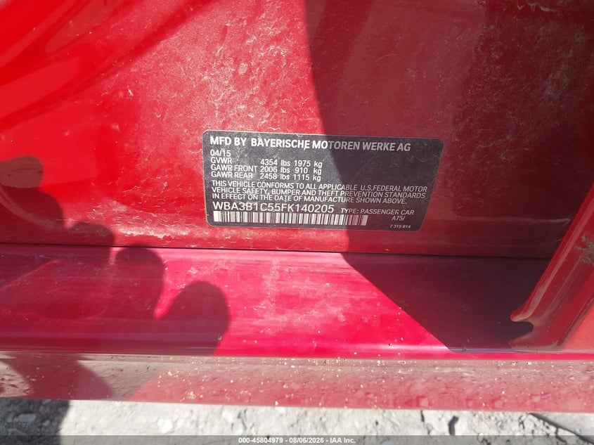 2015 BMW 3er VIN WBA3B1C55FK140205 IAAI salvage auction — REAR END, Clear (Virginia), sold $1,650 on 2026-08-21 (photo 9)