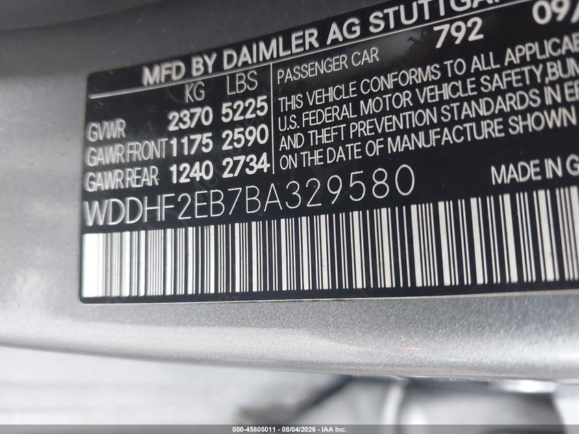 2011 Mercedes-benz E-class VIN WDDHF2EB7BA329580 IAAI salvage auction — FRONT END, Clear (Florida), sold $25 on 2026-08-09 (photo 9)