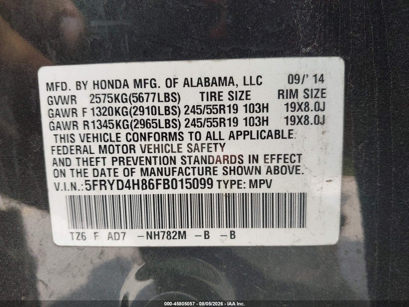 2015 Acura Mdx VIN 5FRYD4H86FB015099 IAAI salvage auction — LEFT FRONT, Wait Title, sold $1,900 on 2026-08-30 (photo 9)