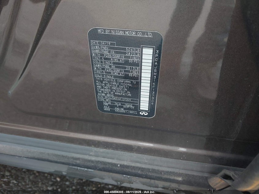 2019 Infiniti Qx50 VIN 3PCAJ5M31KF137309 IAAI salvage auction — REAR END, Wait Title, sold $3,050 on 2026-09-27 (photo 9)