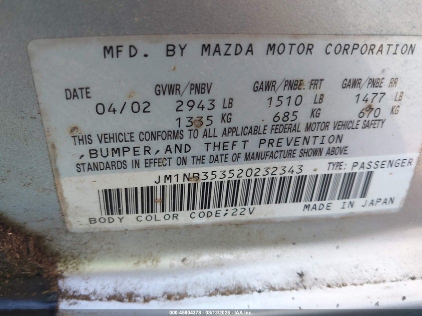 2002 Mazda Mx-5 miata VIN JM1NB353520232343 IAAI salvage auction — NORMAL WEAR, Clear (Florida), sold $400 on 2026-08-24 (photo 9)