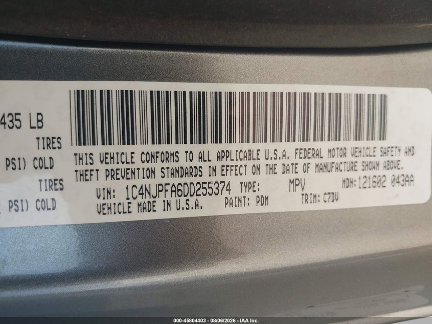2013 Jeep Liberty (patriot) VIN 1C4NJPFA6DD255374 IAAI salvage auction — FRONT END, Salvage (Texas), sold $225 on 2026-09-30 (photo 9)