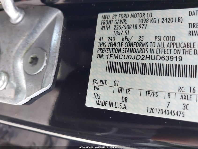 2017 Ford Escape VIN 1FMCU0JD2HUD63919 IAAI salvage auction — NORMAL WEAR, Clear (New York), sold $775 on 2026-08-22 (photo 9)