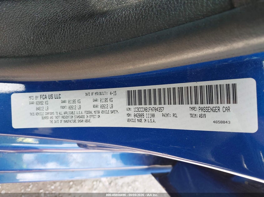 2015 Chrysler 200 VIN 1C3CCCAB1FN704357 IAAI salvage auction — FRONT END, Salvage (Ohio), sold $450 on 2026-08-19 (photo 9)
