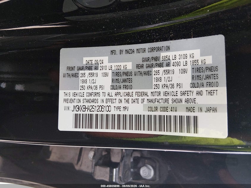 2025 Mazda Cx-90 VIN JM3KKBHA2S1206100 IAAI salvage auction — WATER/FLOOD, Salvage Title, sold $14,525 on 2026-08-21 (photo 9)