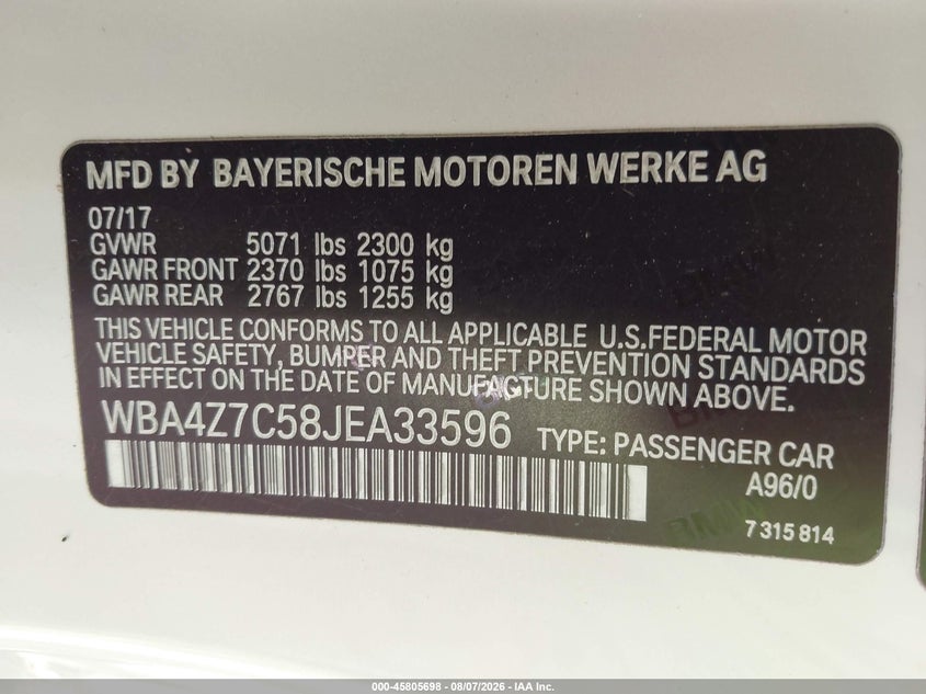 2018 BMW 4er VIN WBA4Z7C58JEA33596 IAAI salvage auction — RIGHT FRONT, Wait Title, sold $9,900 on 2026-08-28 (photo 9)