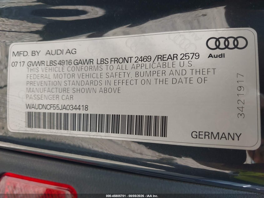 2018 Audi A5 VIN WAUDNCF55JA034418 IAAI salvage auction — RIGHT REAR, Salvage (Ohio), sold $7,100 on 2026-08-26 (photo 9)