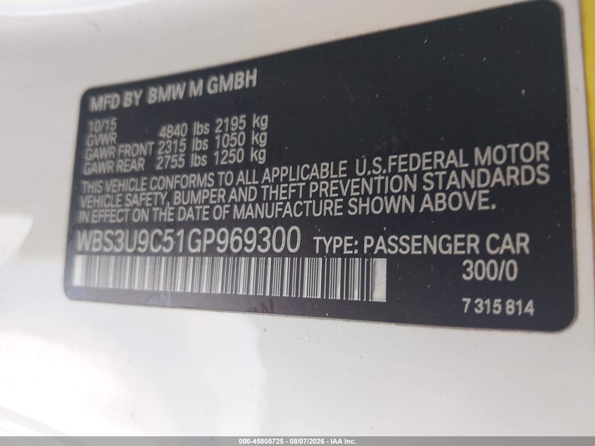2016 BMW M4 VIN WBS3U9C51GP969300 IAAI salvage auction — NORMAL WEAR, Repossession Paperwork (Georgia), sold $17,425 on 2026-08-24 (photo 9)