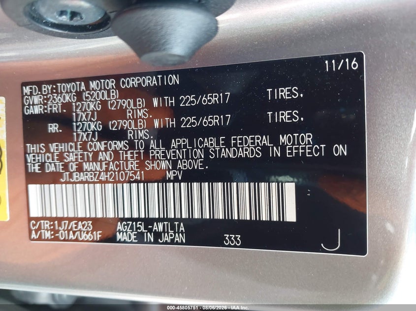 2017 Lexus Nx VIN JTJBARBZ4H2107541 IAAI salvage auction — RIGHT FRONT, Wait Title, sold $6,300 on 2026-08-27 (photo 9)