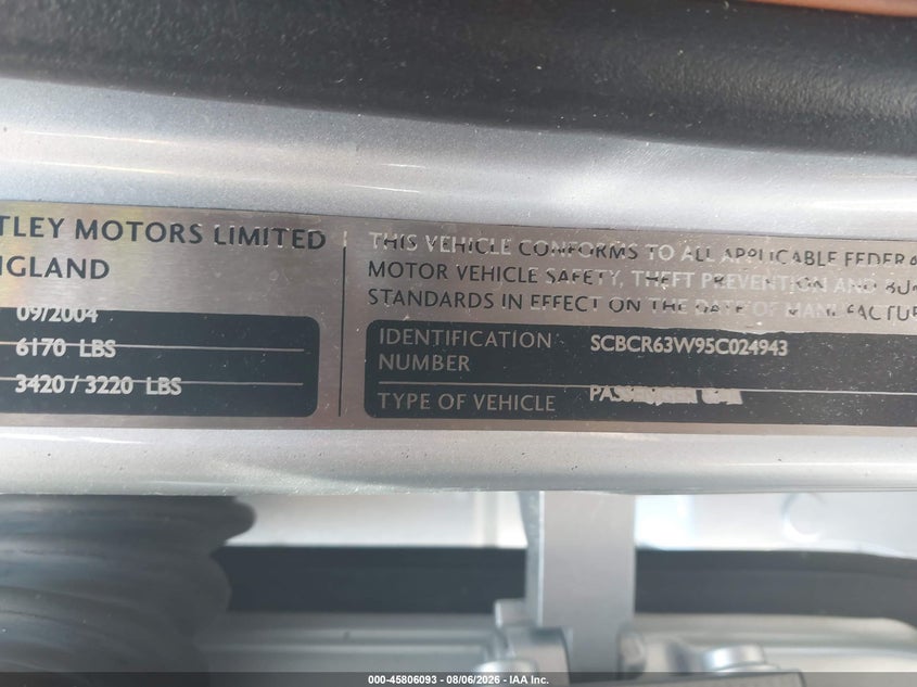 2005 Bentley Continental VIN SCBCR63W95C024943 IAAI salvage auction — FRONT END, Original (Texas), sold $9,950 on 2026-09-03 (photo 9)