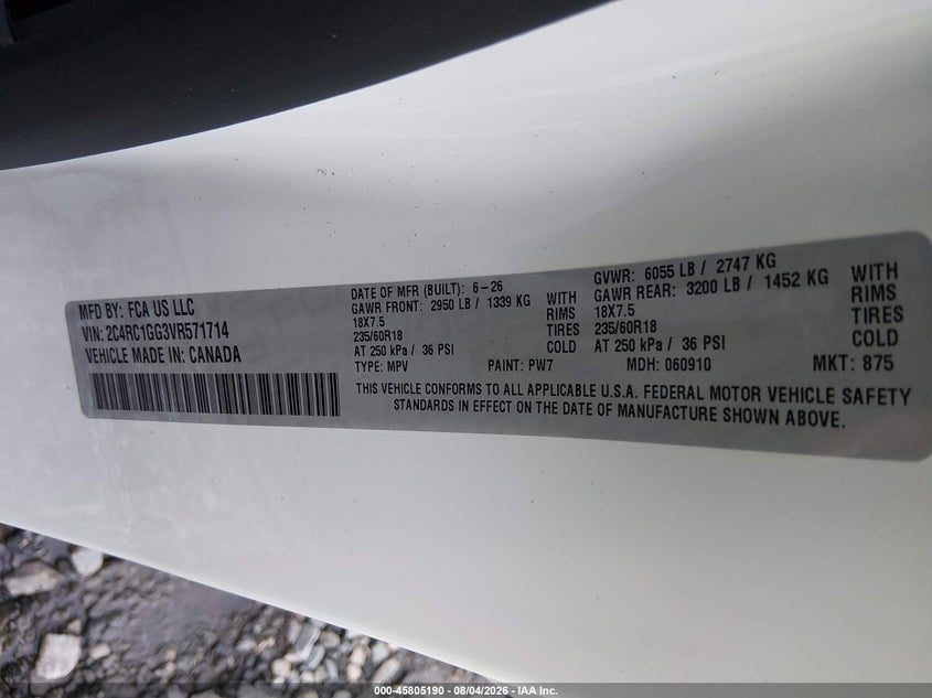 2027 Chrysler Pacifica VIN 2C4RC1GG3VR571714 IAAI salvage auction — REAR END, Wait Title, sold $17,050 on 2026-08-26 (photo 9)