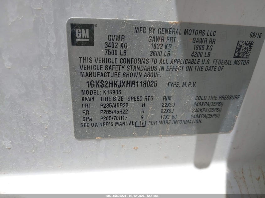 2017 Gmc Yukon VIN 1GKS2HKJXHR118026 IAAI salvage auction — HAIL, Original (Texas), sold $7,575 on 2026-10-06 (photo 9)