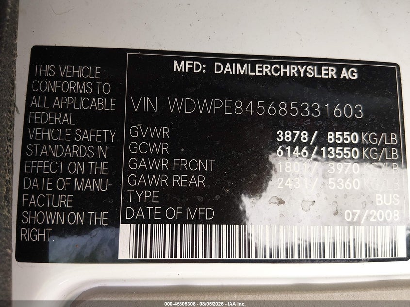 2008 Dodge Sprinter VIN WDWPE845685331603 IAAI salvage auction — REAR END, Rebuildable (Florida), sold $6,400 on 2026-08-18 (photo 9)