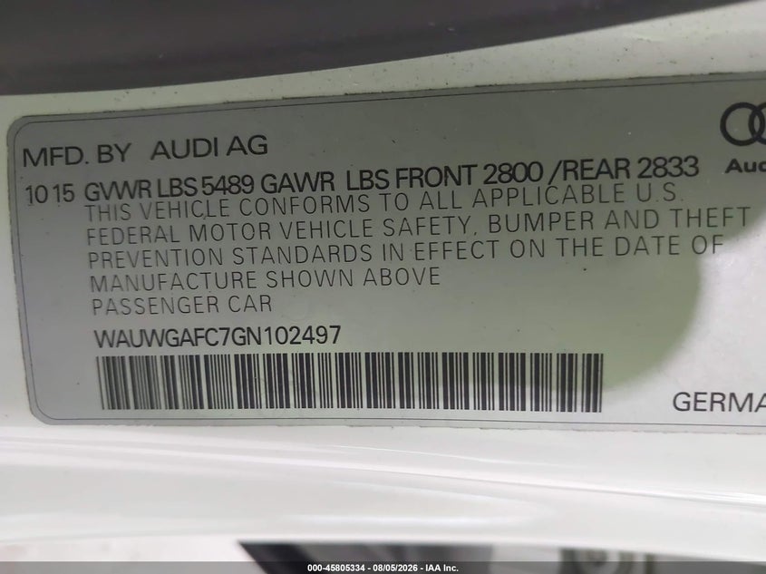2016 Audi A7 VIN WAUWGAFC7GN102497 IAAI salvage auction — FRONT END, Wait Title, sold $8,125 on 2026-08-19 (photo 9)