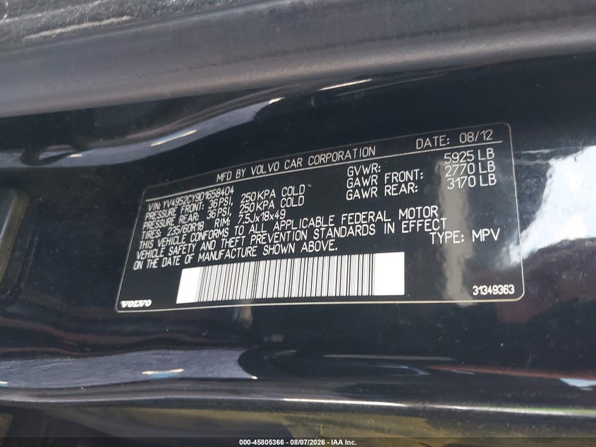 2013 Volvo Xc90 VIN YV4952CY9D1658404 IAAI salvage auction — NORMAL WEAR, Enterprise Vehicles Clear Only (Alabama), sold $225 on 2026-08-20 (photo 9)