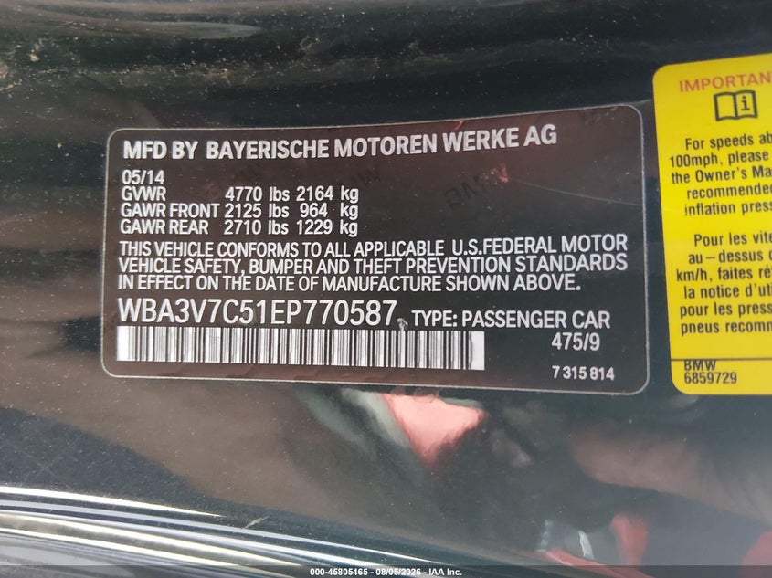 2014 BMW 4er VIN WBA3V7C51EP770587 IAAI salvage auction — NORMAL WEAR, Clear - Dealer Only (California), sold $4,200 on 2026-08-12 (photo 9)