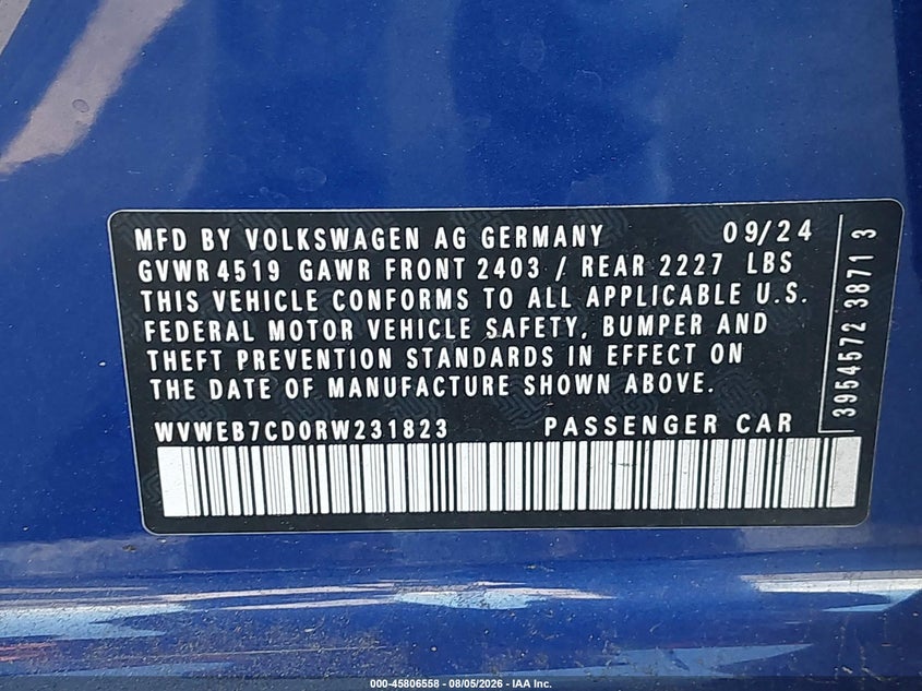 2024 Volkswagen Golf r VIN WVWEB7CD0RW231823 IAAI salvage auction — RIGHT SIDE, Wait Title, sold $12,000 on 2026-09-15 (photo 9)