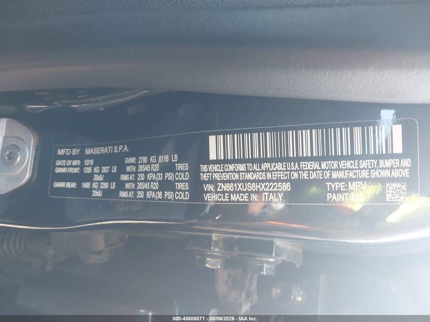 2017 Maserati Levante VIN ZN661XUS6HX222586 IAAI salvage auction — NORMAL WEAR, Clear (Virginia), sold $2,900 on 2026-08-10 (photo 9)