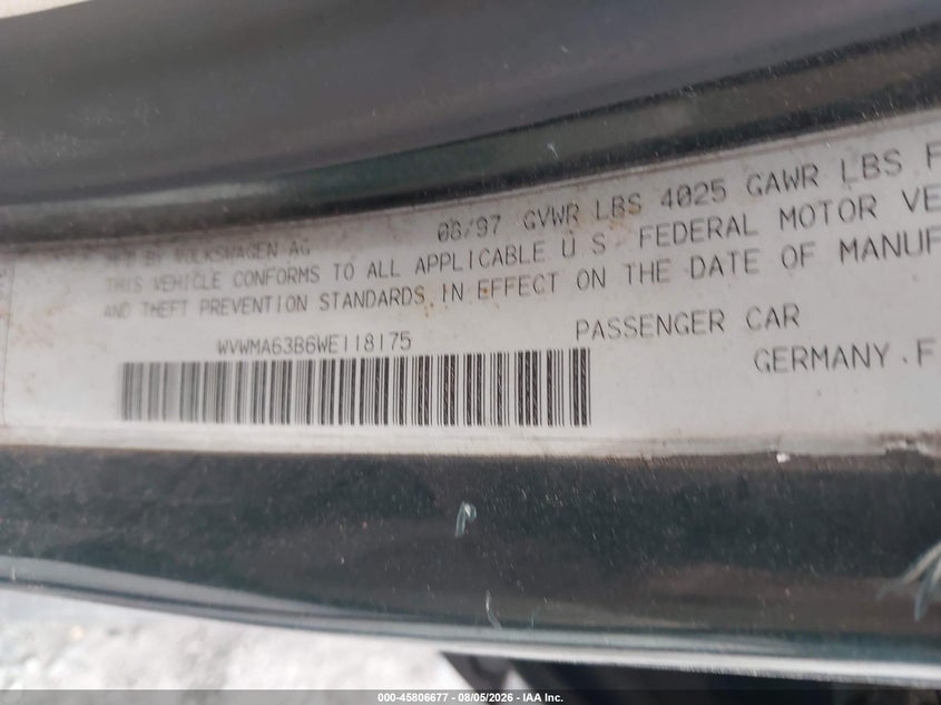 1998 Volkswagen Passat VIN WVWMA63B6WE118175 IAAI salvage auction — NORMAL WEAR, Clear (Virginia), sold $25 on 2026-08-11 (photo 9)