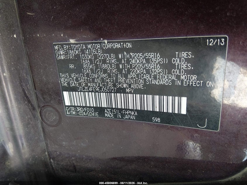 2014 Scion Xb VIN JTLZE4FE9EJ050727 IAAI salvage auction — FRONT END, Salvage Title, sold $1,150 on 2026-09-11 (photo 9)