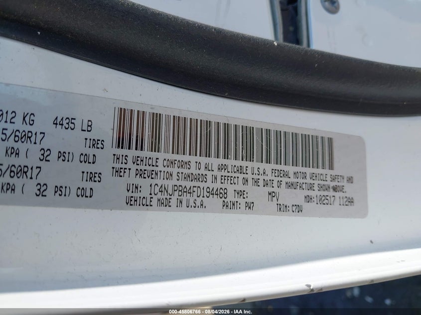 2015 Jeep Liberty (patriot) VIN 1C4NJPBA4FD194468 IAAI salvage auction — NORMAL WEAR, Clear (South Carolina), sold $1,000 on 2026-08-14 (photo 9)