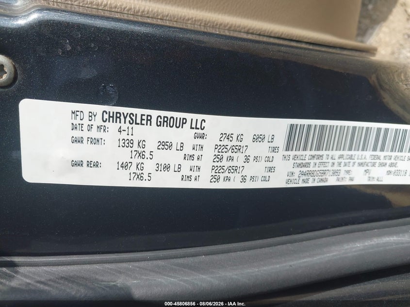 2011 Chrysler Town & country VIN 2A4RR8DG5BR713093 IAAI salvage auction — SIDE, Original (Texas), sold $725 on 2026-09-07 (photo 9)