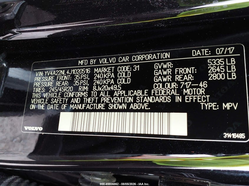 2018 Volvo V90 cross country VIN YV4A22NL4J1020516 IAAI salvage auction — LEFT FRONT, Salvage Title, sold $8,200 on 2026-08-15 (photo 9)
