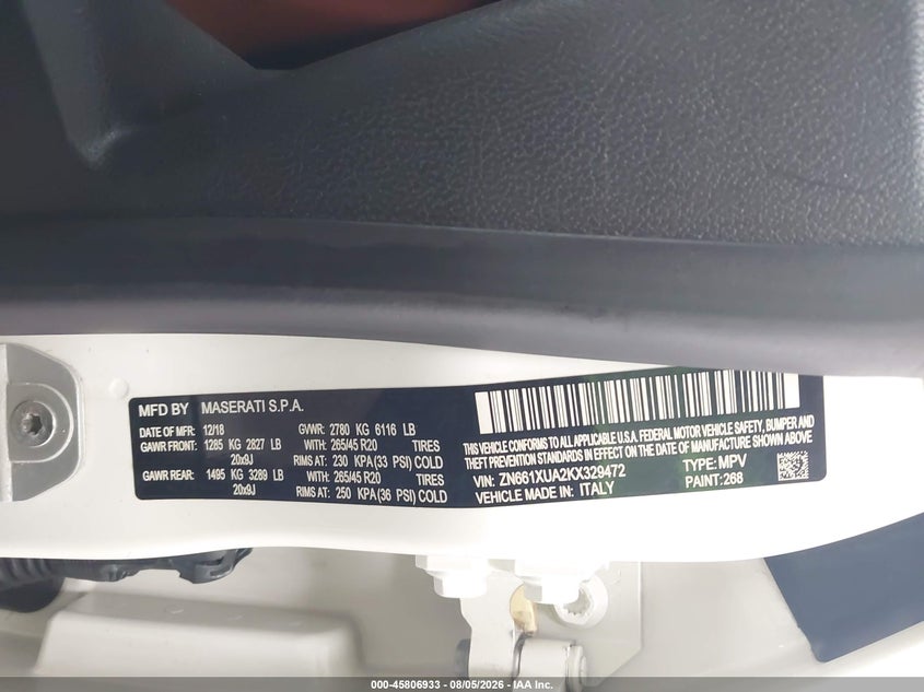 2019 Maserati Levante VIN ZN661XUA2KX329472 IAAI salvage auction — NORMAL WEAR, Salvage Title, sold $3,700 on 2026-08-24 (photo 9)