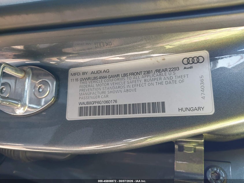 2016 Audi A3 VIN WAUB8GFF6G1060176 IAAI salvage auction — FRONT END, Salvage Title, sold $2,900 on 2026-09-08 (photo 9)